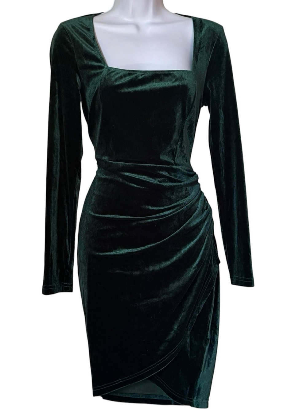 Dark Emerald Green Velvet Square Neck Ruched Mini Dress Size Small